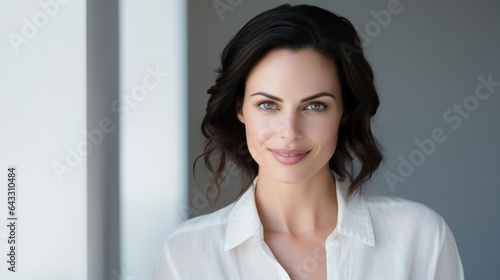 A portrait of a modern woman business assistant in a casual dress looking naturally with blue eyes and dark hair