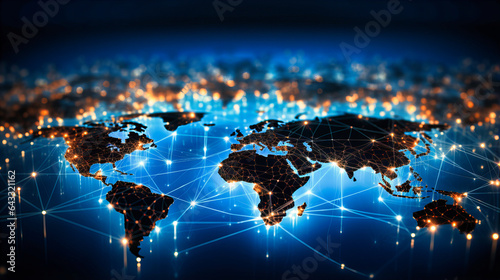 A digital world map illuminated with active trade routes and commerce hotspots