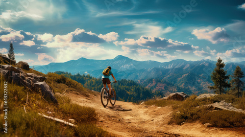 Cyclist rides sports bike on mountain trail, landscape with rider in summer