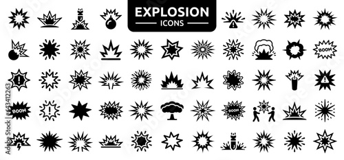 Explosion icon set. Containing explode, bomb, boom, blast, bang, burst and explosive weapon icons. Solid icon collection. Vector illustration.