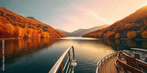 shot from the side of a luxury boat ship, capturing the sweeping view of an autumn lake