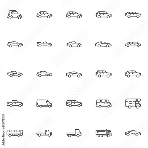 Type of cars line icons set