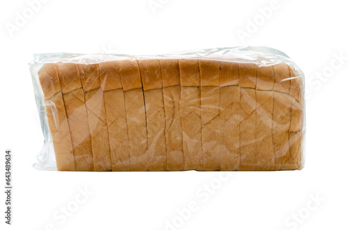 toast sliced of white bread in plastic bag on transparent background. side view