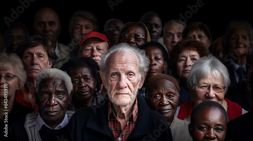 Older demographic people show demographic change and Generations and Aging. Many elderly people of different races. The problem of demographic aging on planet Earth.