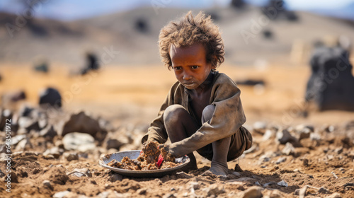 Hungry starving poor little child looking at the camera in Ethiopia