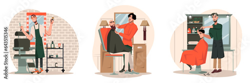 Man holding razor and brush. Male holding scissors for cutting and doing hairstyle to client. Hairdresser cut hair for visitor. Professional make fashionable modern hairstyles. Vector illustration