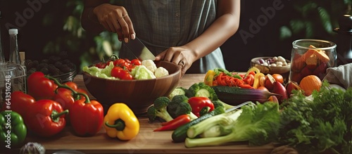 Young black woman cooking with organic food in kitchen closeup copy space available cutting fresh vegetables