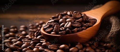 Roasted coffee beans in wooden scoop on brown background with a blank area