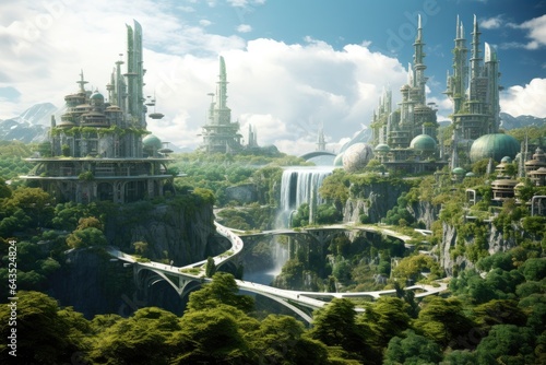 Fantasy Landscape with Skyscrapers and Waterfalls. advanced green energy in urban landscapes, AI Generated