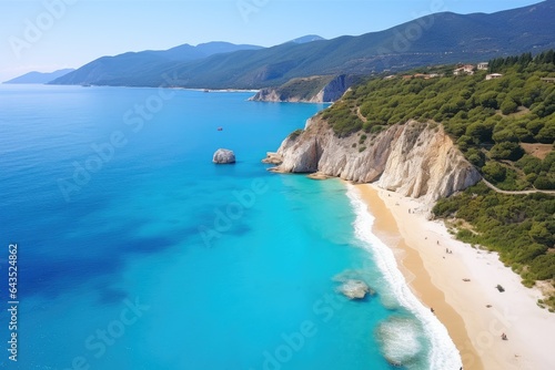Aerial view of beautiful beach in Kefalonia, Greece, Aerial flight with drone over famous beach of Kavalikefta on the island of Lefkada in the Ionian Sea in Greece, AI Generated