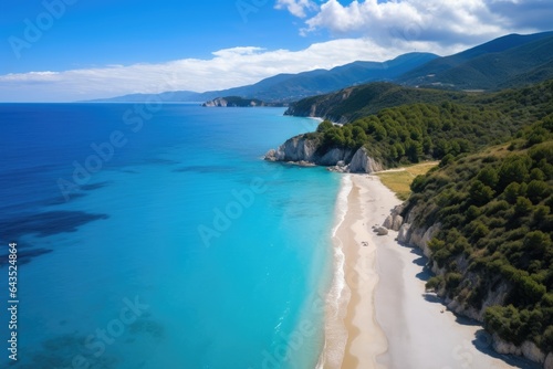 Aerial view of beautiful sandy beach on Zakynthos island, Greece, Aerial flight with drone over famous beach of Kavalikefta on the island of Lefkada in the Ionian Sea in Greece, AI Generated