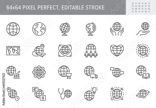 Globe line icons. Vector illustration include icon - international communication, teamwork, ecology, earth, travel outline pictogram for worldwide cooperation. 64x64 Pixel Perfect, Editable Stroke