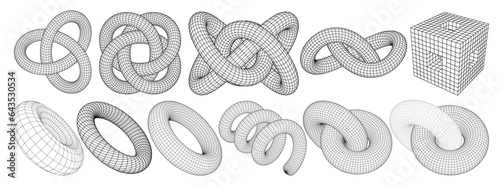 Collection of wireframe lowpoly 3d geometric shapes, torus knots. Surreal linear figures. Techno futuristic, science, cyberpunk, style design elements set. Perspective view. Vector illustration