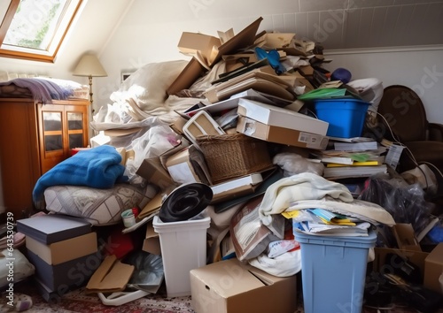 Hoarder room packed with boxes, electronics, business equipment