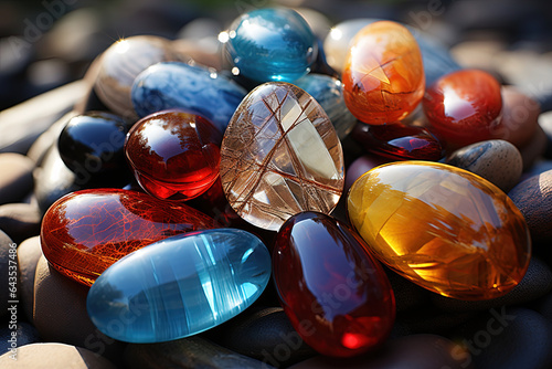 blue and yellow stone background with beach gems, sea stones, transparent, colorful, precious stones, texture, gemstones, rocks, and shiny stones. Close-up view