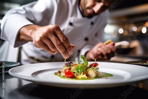 Master chef meticulously finalizing a gourmet dish in a high-end kitchen setting