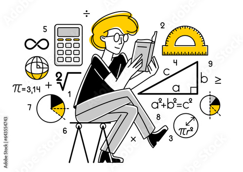 Mathematician working on some theoretical mathematics vector outline illustration, studying math in university, student learning or teacher explaining.
