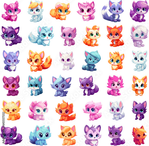 Cute fluffy kittens in soft anime style. Little manga cats on white background, cutie happy japanese lovely kitty characters, kawaii pussy mascots isolated vector set