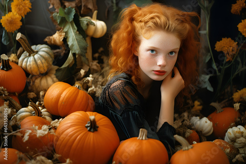 Beautiful fairyftail redhead young girl with freckles, and orange pumpkins