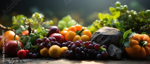 Fresh fruit and vegetables on table.
