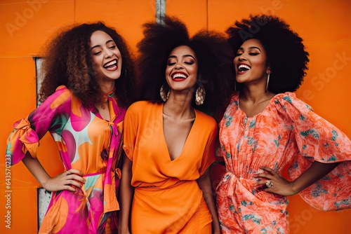 Three young and stylish women are enjoying a fun outdoor summer party. They represent friendship, beauty and a vibrant modern lifestyle.