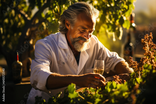 Enchanting oenologist appreciating rich red wine aroma in a sun-kissed vineyard, embodying tradition, elegance, and luxury.