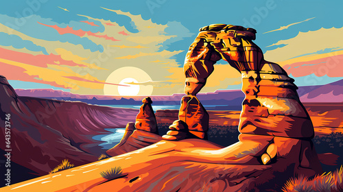 Scenic view of Delicate Arch in Arches National Park during sunrise in landscape comic style. Digital illustration generative AI.