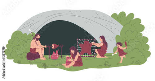 Primitive people in front of cave cooking food on fire, flat vector illustration isolated on white background.