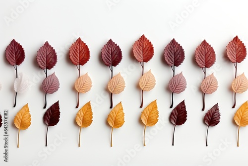 A versatile background image for creative content, showcasing an array of fall leaves in various colors, carefully arranged on a white background. Photorealistic illustration, Generative AI