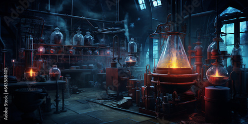 a mad scientist's laboratory with sparking equipment and mysterious experiments. 