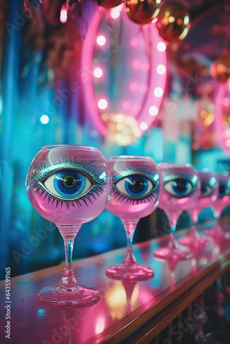 On a halloween night in autumn, an eerie row of wine glasses with pink eyes stare back from their stemware containers, ready to add a mysterious and alluring element to any indoor cocktail barware