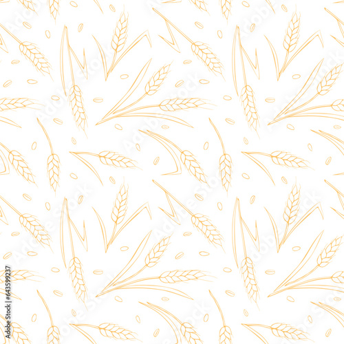 Wheat spikelets and grains, vector seamless pattern, light yellow outline isolated. Design of print, wrapping paper, packaging on theme of bakery products, flour, harvest, thanksgiving