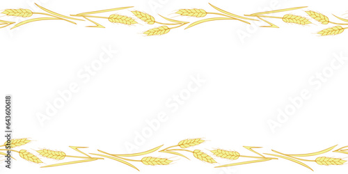 Vector Background, frame made of golden wheat or rye ears in doodle flat style. Horizontal top and bottom edging, border, decoration on theme of bakery products, flour, harvest, thanksgiving