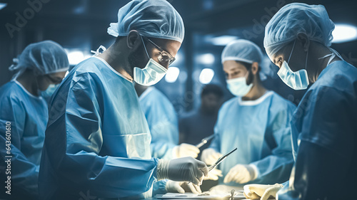 A surgeon's team in uniform performs an operation on a patient at a cardiac surgery clinic.