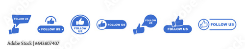 Set of follow us vector icons. To follow. Thumb up with blue subscribe icon. Vector 10 Eps.