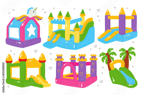 Inflatable playground, castle, house, trampoline and waterslide game area set vector illustration