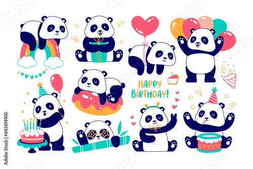 Cute little panda bear cartoon character celebrating birthday isolated vector illustration set