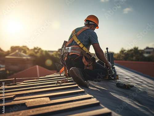 Back view of construction worker wearing safety uniform during working on roof structure of building on construction site.