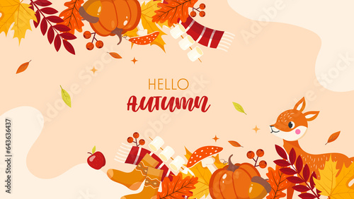 Hello autumn fall season pumpkin set vector background. Autumn aesthetic wallpaper. Cozy time, hygge style. Autumn colorful elements with hand drawn decorative elementses