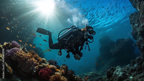 Female scuba diver in the tropical ocean. Exploring coral reef. Schools of fish. Generative AI.