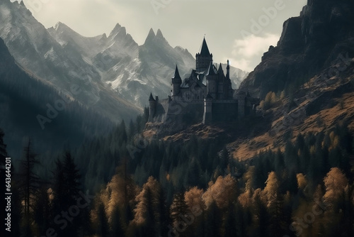 Dark gothic castle in valley and rocky mountains on background generative ai