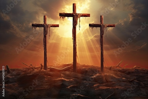 Three Crosses at Sunset - Powerful Christian Symbol of Faith and Redemption