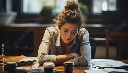 Tired young woman sleeping at desk in office. Tired businesswoman resting at workplace.