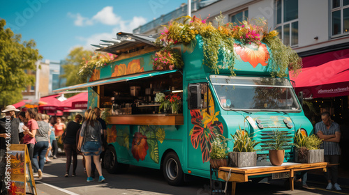 An image of a vegan food truck at a bustling street food festival, attracting food enthusiasts with its plant-based delights