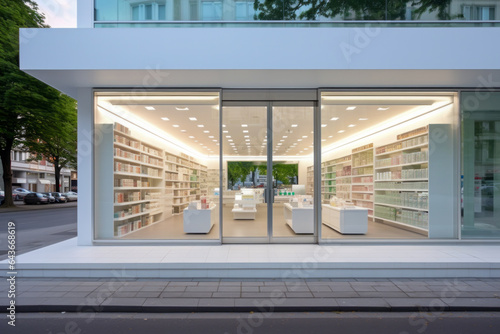 Modern pharmacy storefront with a clear window revealing the interior. Street view of the contemporary building, presenting a friendly ambience for customers.