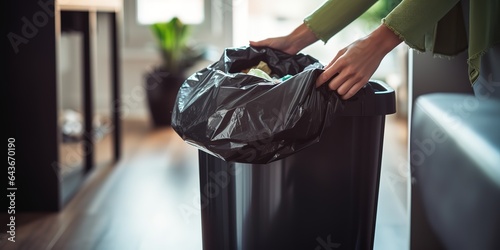 A woman takes out a garbage bag from the trash can at home.