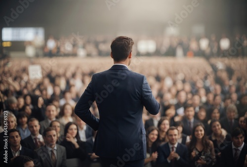 a confident CEO leader politician standing before audience or press conference with back view