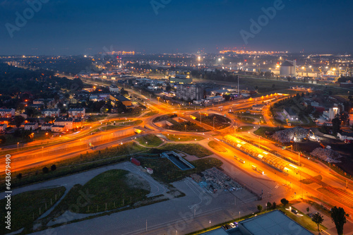 Urban scenery of the roundabout at the exit of the tunnel in Gdansk at night, Poland