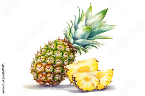 Illustration of fresh ananas fruit, whole and sliced, on a white background, painted in watercolor, light color, pastel