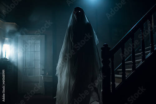 A scary ghost in an old house. A terrible mythical creature. Scary stories concept